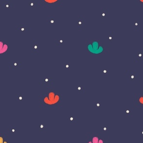 Large scale / Tiny ditsy flowers and little polka dots / bright pink red yellow green florals on navy blue dark moody ceiling minimal night sky background