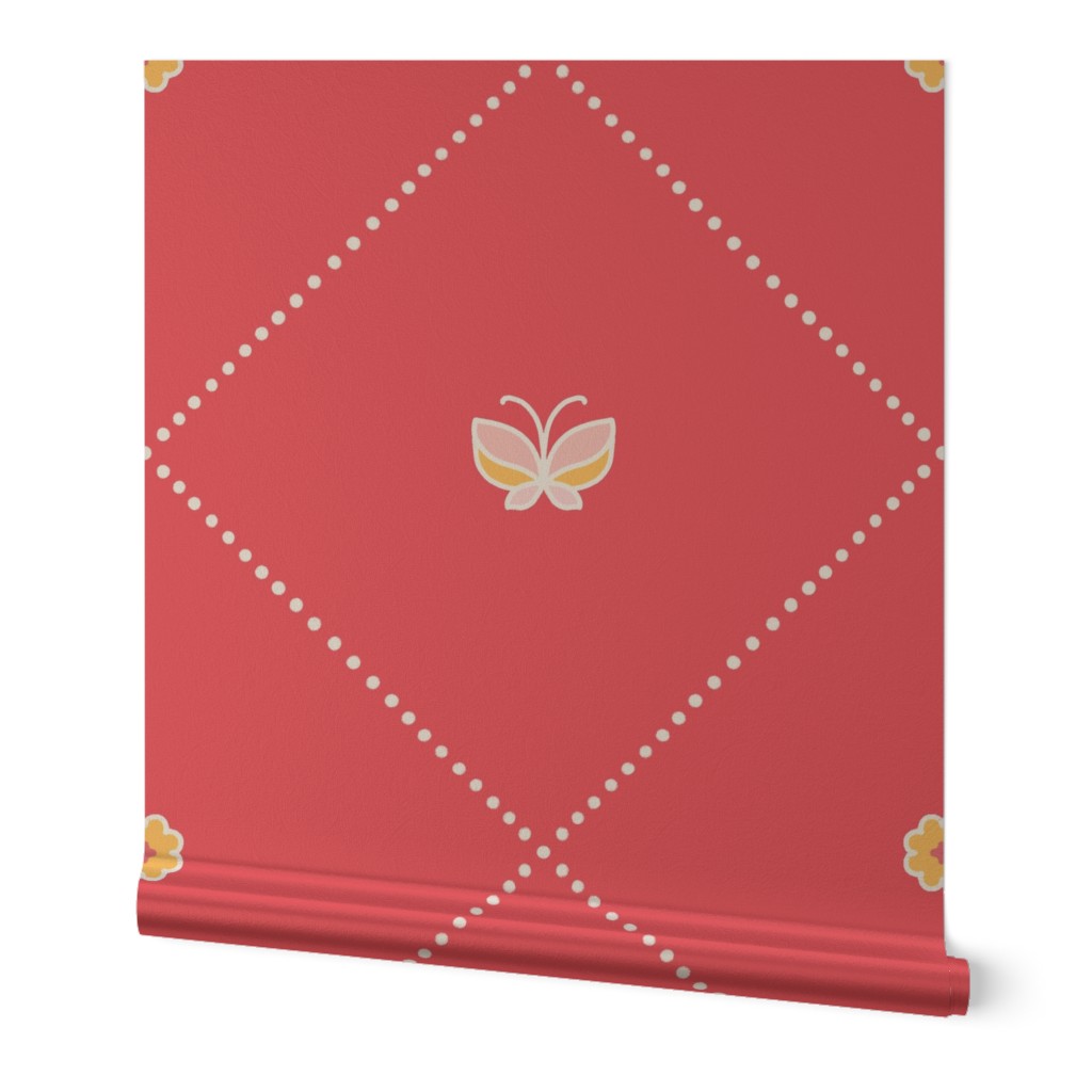 Large scale / Simple pastel butterflies and yellow flowers on red dotted diamond / Soft pink butterfly florals with beige diagonal stripes polka dots argyle on bright Valentines day blender quilt trellis