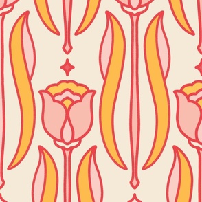 Large scale / Pastel pink and yellow art deco tulips on cream / vintage Victorian line art florals leaves in soft baby rose mustard on light beige ivory / ornate art nouveau spring flowers nursery decor