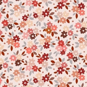 Small scale simple tossed graphic floral pattern in autumn/fall tones of orange, apricot blush, grey and pinky white, for children/baby/toddler/nursery soft furnishings and apparel/clothing.