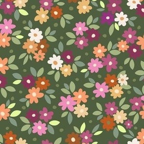 Small scale simple tossed graphic floral pattern in tones of orange, magenta, violet, cream pink and olive green, for children/baby/toddler/nursery soft furnishings and apparel/clothing and patchwork and quilting crafts.