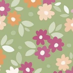 Jumbo large scale simple tossed graphic floral pattern in tones of orange, cream, burgundy, pink and soft minty leaf green,, for children/baby/toddler/nursery soft furnishings and apparel/clothing.