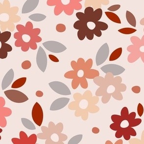Jumbo large scale simple tossed graphic floral pattern in tones of orange, apricot blush, grey and pinky white, for children/baby/toddler/nursery soft furnishings and apparel/clothing.