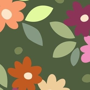 Jumbo large scale simple tossed graphic floral pattern in tones of orange, magenta, violet, cream pink and olive green, for children/baby/toddler/nursery soft furnishings and apparel/clothing.