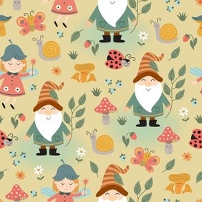 gnome, fairy, mushrooms, insect on yellow background