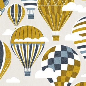 Large jumbo scale // Let your dreams fly // beige background hale navy and nugget yellow vintage hot air balloons in the clouds // kids room boys nursery