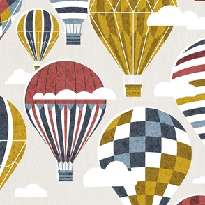 Large jumbo scale // Let your dreams fly // beige background hale navy bali blue nugget yellow and apple blossom red vintage hot air balloons in the clouds // kids room boys nursery