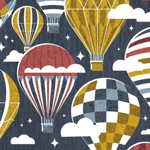 Large jumbo scale // Let your dreams fly // hale navy background martini brown nugget yellow and apple blossom red vintage hot air balloons in the clouds // kids room boys nursery