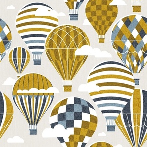 Normal scale // Let your dreams fly // beige background hale navy and nugget yellow vintage hot air balloons in the clouds // kids room boys nursery
