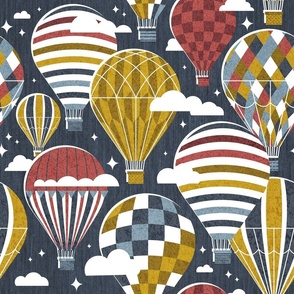 Normal scale // Let your dreams fly // hale navy background martini brown nugget yellow and apple blossom red vintage hot air balloons in the clouds // kids room boys nursery