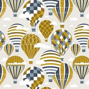 Small scale // Let your dreams fly // beige background hale navy and nugget yellow vintage hot air balloons in the clouds // kids room boys nursery
