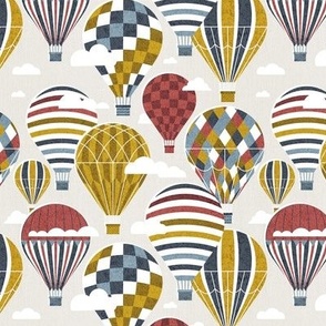 Small scale // Let your dreams fly // beige background hale navy bali blue nugget yellow and apple blossom red vintage hot air balloons in the clouds // kids room boys nursery