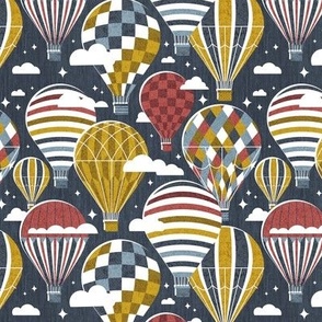 Small scale // Let your dreams fly // hale navy background martini brown nugget yellow and apple blossom red vintage hot air balloons in the clouds // kids room boys nursery