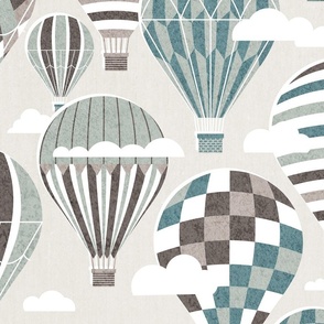 Large jumbo scale // Let your dreams fly // beige background martini brown hoki and sage green vintage hot air balloons in the clouds // kids room gender neutral nursery