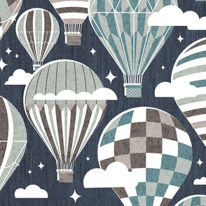 Large jumbo scale // Let your dreams fly // hale navy background background martini brown hoki and sage green vintage hot air balloons in the clouds // kids room gender neutral nursery