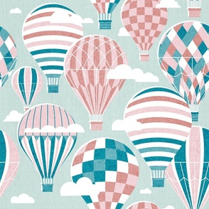 Normal scale // Let your dreams fly // sea glass green background cotton candy and dry rose teal and fountain blue vintage hot air balloons in the clouds // kids room girls nursery