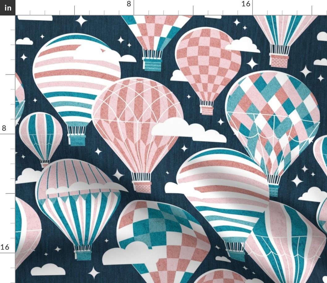 Normal scale // Let your dreams fly // nile blue background cotton candy and dry rose teal and fountain blue vintage hot air balloons in the clouds // kids room girls nursery