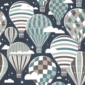 Normal scale // Let your dreams fly // hale navy background background martini brown hoki and sage green vintage hot air balloons in the clouds // kids room gender neutral nursery
