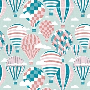 Small scale // Let your dreams fly // sea glass green background cotton candy and dry rose teal and fountain blue vintage hot air balloons in the clouds // kids room girls nursery