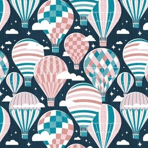 Small scale // Let your dreams fly // nile blue background cotton candy and dry rose teal and fountain blue vintage hot air balloons in the clouds // kids room girls nursery