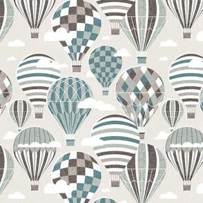 Small scale // Let your dreams fly // beige background martini brown hoki and sage green vintage hot air balloons in the clouds // kids room gender neutral nursery
