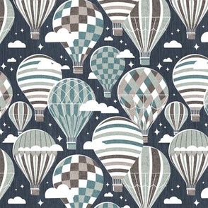 Small scale // Let your dreams fly // hale navy background background martini brown hoki and sage green vintage hot air balloons in the clouds // kids room gender neutral nursery