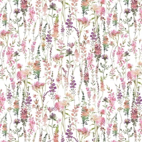 14" a pink and purple very abstract summer wildflower meadow  - nostalgic flowers and herbs home decor on white,  baby Girl and nursery fabric perfect for kidsroom wallpaper, kids room, kids decor