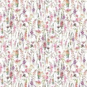 10" a pink and purple very abstract summer wildflower meadow  - nostalgic flowers and herbs home decor on white,  baby Girl and nursery fabric perfect for kidsroom wallpaper, kids room, kids decor