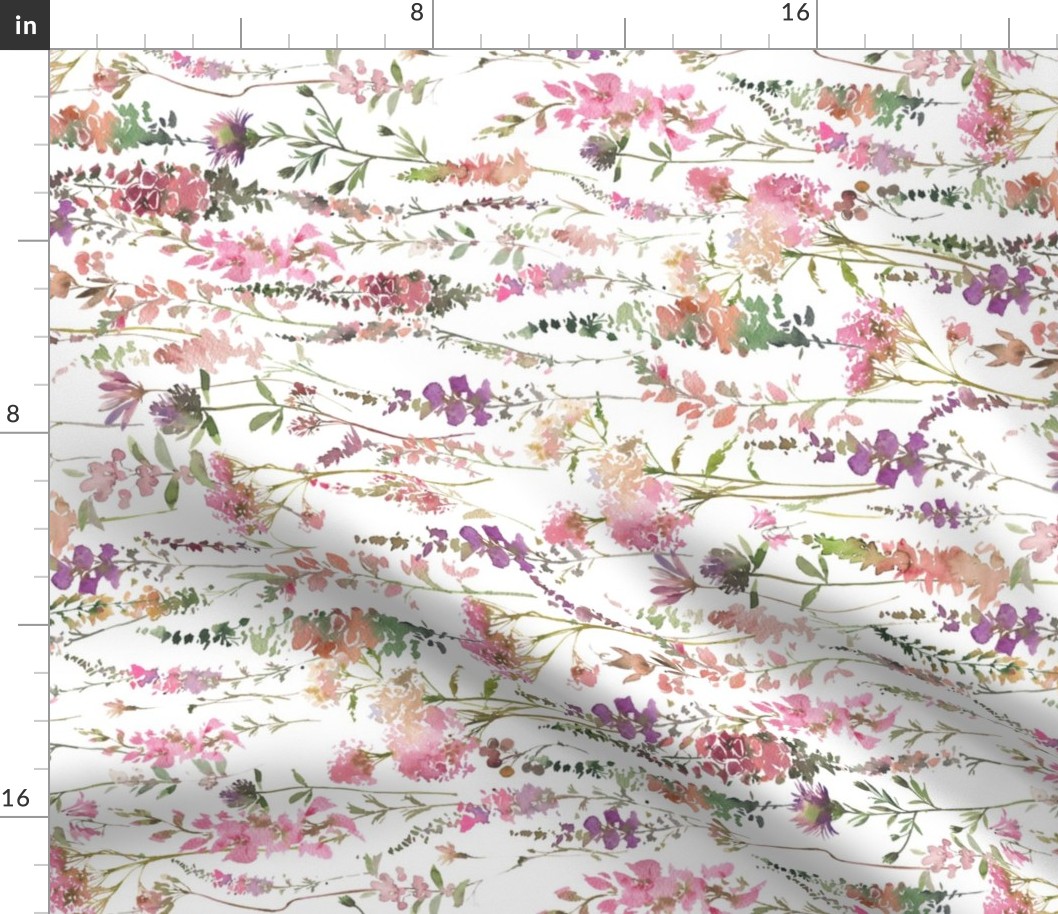 Turned left 18" a pink and purple very abstract summer wildflower meadow  - nostalgic flowers and herbs home decor on white,  baby Girl and nursery fabric perfect for kidsroom wallpaper, kids room, kids decor