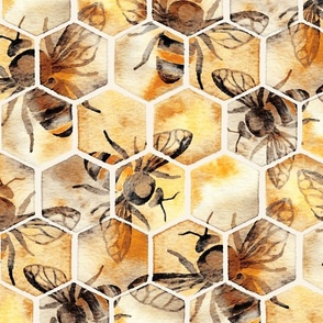 Honey Bee Hexagons in hand painted watercolor 