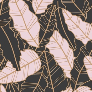 Overlapping gray and orange banana leaves - line artwork dense foliage pattern - large scale