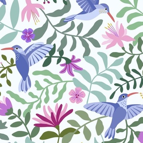 Hummingbird garden - green leaves, purple flowers on white background - large scale for bedding