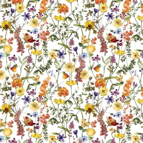 10" Dried Pressed Wildest Yellow and orange Wildflowers Meadow   white-    for home decor Baby Girl and nursery fabric perfect for kidsroom wallpaper,kids room