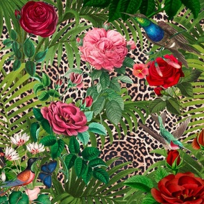 Animal print,leopard print,roses,tropical art,birds