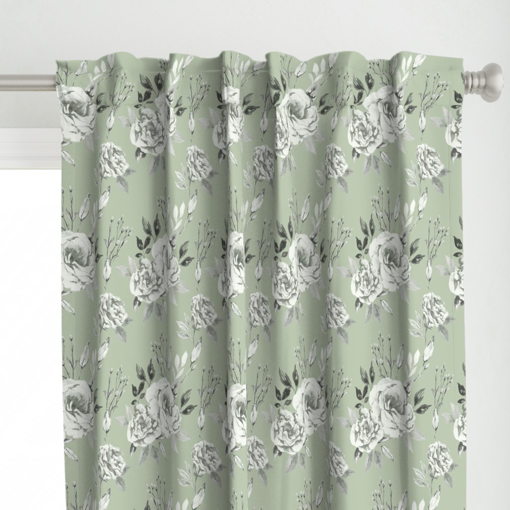 Lisianthus Watercolor Flowers in Sage Green