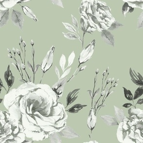 Lisianthus Watercolor Flowers in Sage Green