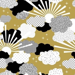 modern patterned heaven - clouds, sun, stars, from Sweet Dreams Collection | mustard yellow