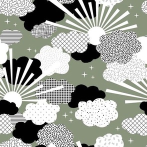 modern patterned heaven - clouds, sun, stars, from Sweet Dreams Collection | sage green