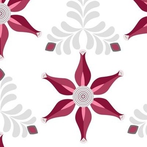 Red Folk Art Flowers with Gray Leaves and Diamond Accents
