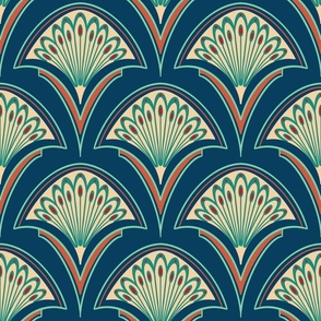 Art Deco Geometric Pattern in warm colours - Retro colour palette in blue, beige and red 