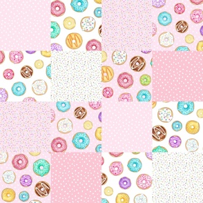 Scattered Rainbow Donuts on pale pink Cheater Quilt - 6 inch patchwork squares