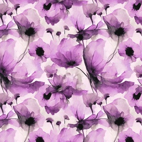 Wild Poppy Flower Loose Abstract Watercolor Floral Pattern In Purple Smaller Scale