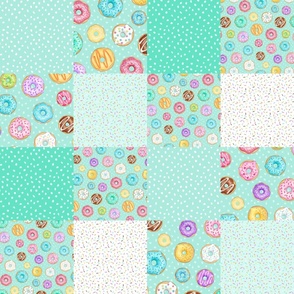 Scattered Rainbow Donuts on mint Cheater Quilt - 6 inch patchwork squares