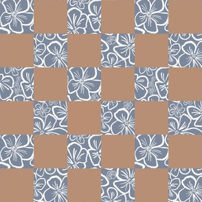 Playful Minimalistic Checkered Floral Pattern with Abstract White Wax Crayon Flowers on Retro Terracotta orange Cornflower Blue Checkerboard for Garden Upholstery, Kitchen Napkins, Kids Wallpaper and Modern Earthy Home Decor with Earthy Colors