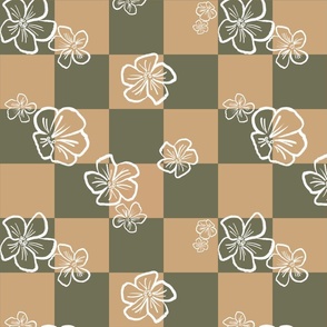Playful Minimalistic Checkered Floral Pattern with Abstract White Wax Crayon Flowers on Retro Olive Green Mustard Yellow Checkerboard for Garden Upholstery, Kitchen Napkins, Kids Wallpaper and Modern Earthy Home Decor with Earthy Colors