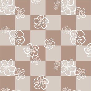 Playful Minimalistic Checkered Floral Pattern with Abstract White Wax Crayon Flowers on Retro Taupe Grey Warm Beige Checkerboard for Garden Upholstery, Kitchen Napkins, Kids Wallpaper and Modern Earthy Home Decor with Earthy Colors