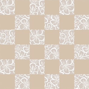 Playful Minimalistic Checkered Floral Pattern with Abstract White Wax Crayon Flowers on Retro Taupe Grey Sand Beige Checkerboard for Garden Upholstery, Kitchen Napkins, Kids Wallpaper and Modern Earthy Home Decor with Earthy Colors