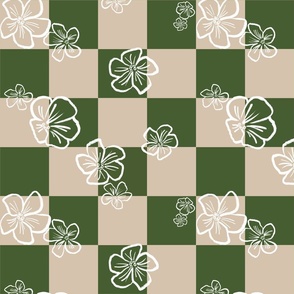 Playful Minimalistic Checkered Floral Pattern with Abstract White Wax Crayon Flowers on Retro Grass Green Taupe Beige Checkerboard for Garden Upholstery, Kitchen Napkins, Kids Wallpaper and Modern Earthy Home Decor with Neutral Colors