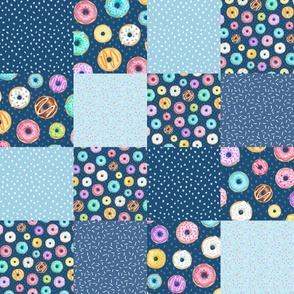 Scattered Rainbow Donuts on navy Cheater Quilt - 6 inch patchwork squares
