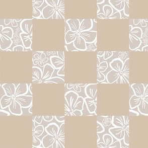 Small Scale | Playful Minimalistic Checkered Floral Pattern with Abstract White Wax Crayon Flowers on Retro Taupe Grey Sand Beige Checkerboard for Garden Upholstery, Kitchen Napkins, Kids Wallpaper and Modern Earthy Home Decor with Earthy Colors